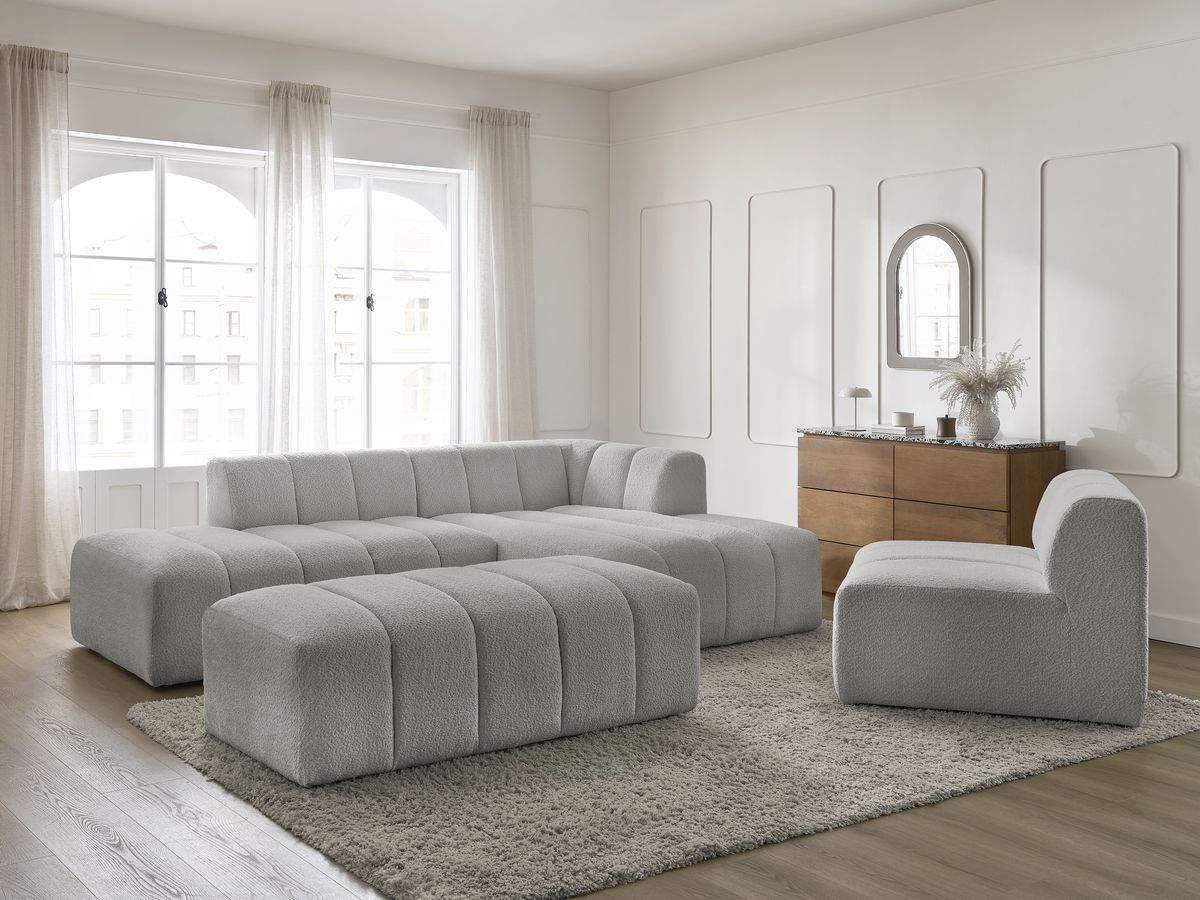 Bobochic Annecy Ecksofa mit Sofamodul und Pouf Bouclé-Stoff Hellgrau Ecke rechts