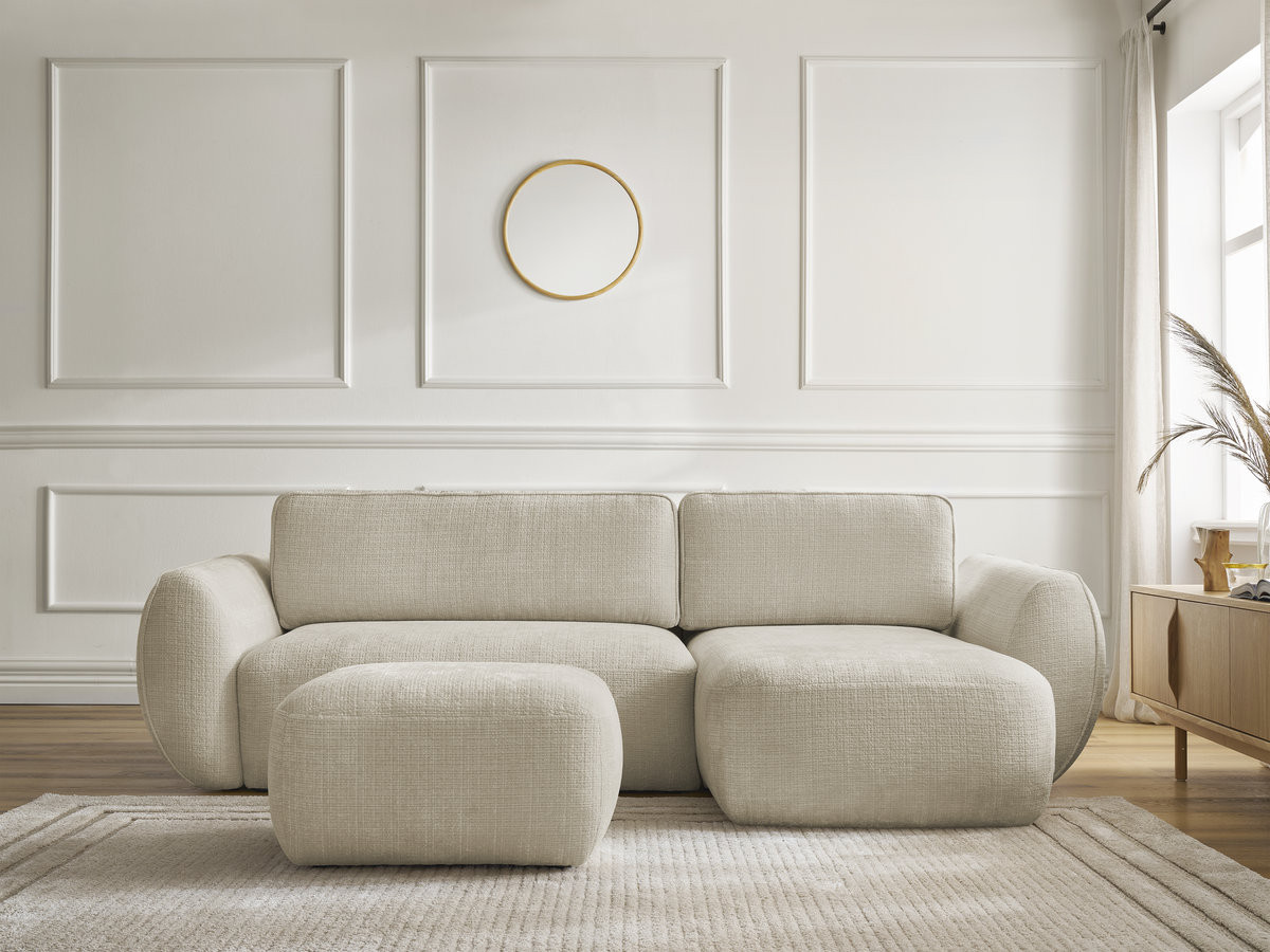 Bobochic Denise Ecksofa mit Schlaffunktion und Bettkasten und Pouf 258 × 160 cm Strukturstoff Beige Ecke rechts