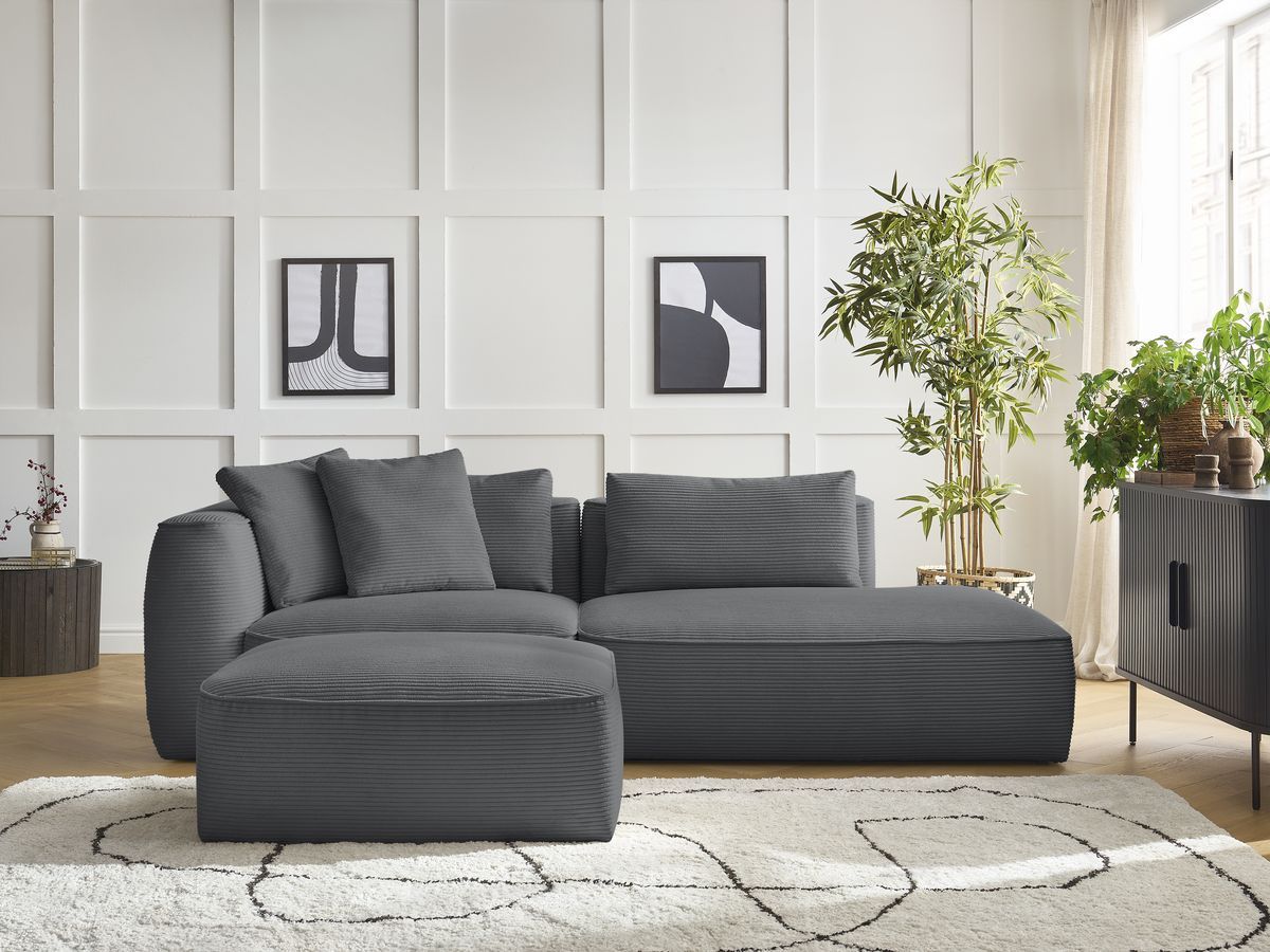 Bobochic Leopold Sofa 4-Sitzer mit Pouf Cordsamt Dunkelgrau Armlehne links