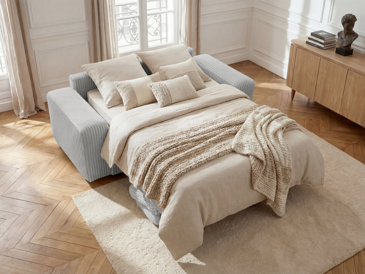Bobochic Ibiza Schlafsofa 3-Sitzer Cordsamt Hellgrau, Liegefläche 160 × 196 cm