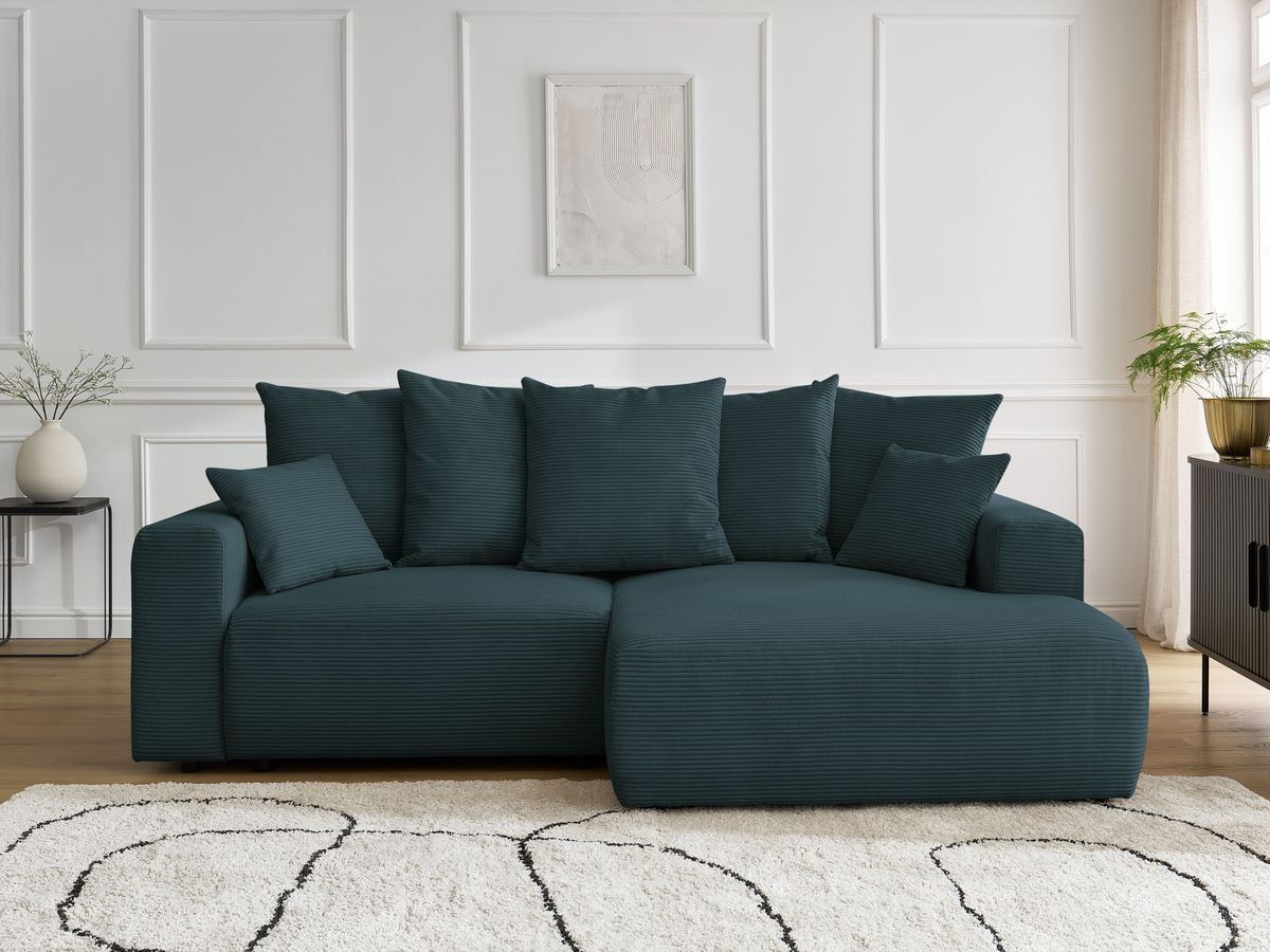 Bobochic Atilla Ecksofa mit Schlaffunktion und Bettkasten Cordsamt Dunkelblau Ecke rechts