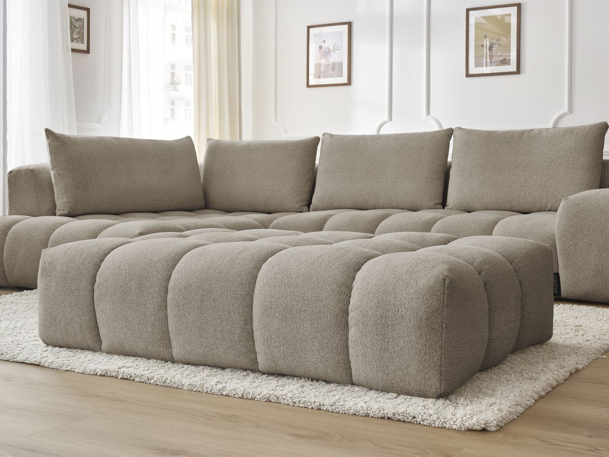 Bobochic Everest Ecksofa mit Schlaffunktion und Pouf, 4 Kissen Melange-Stoff Taupe Ecke links