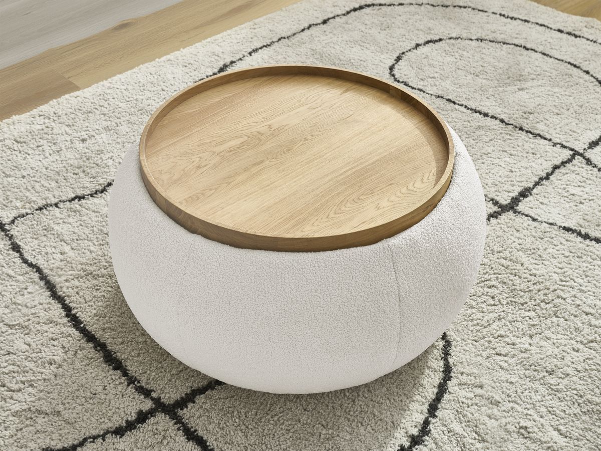 Bobochic Hayden Pouf mit Tablett, rund Bouclé-Stoff Weiß, 77 cm