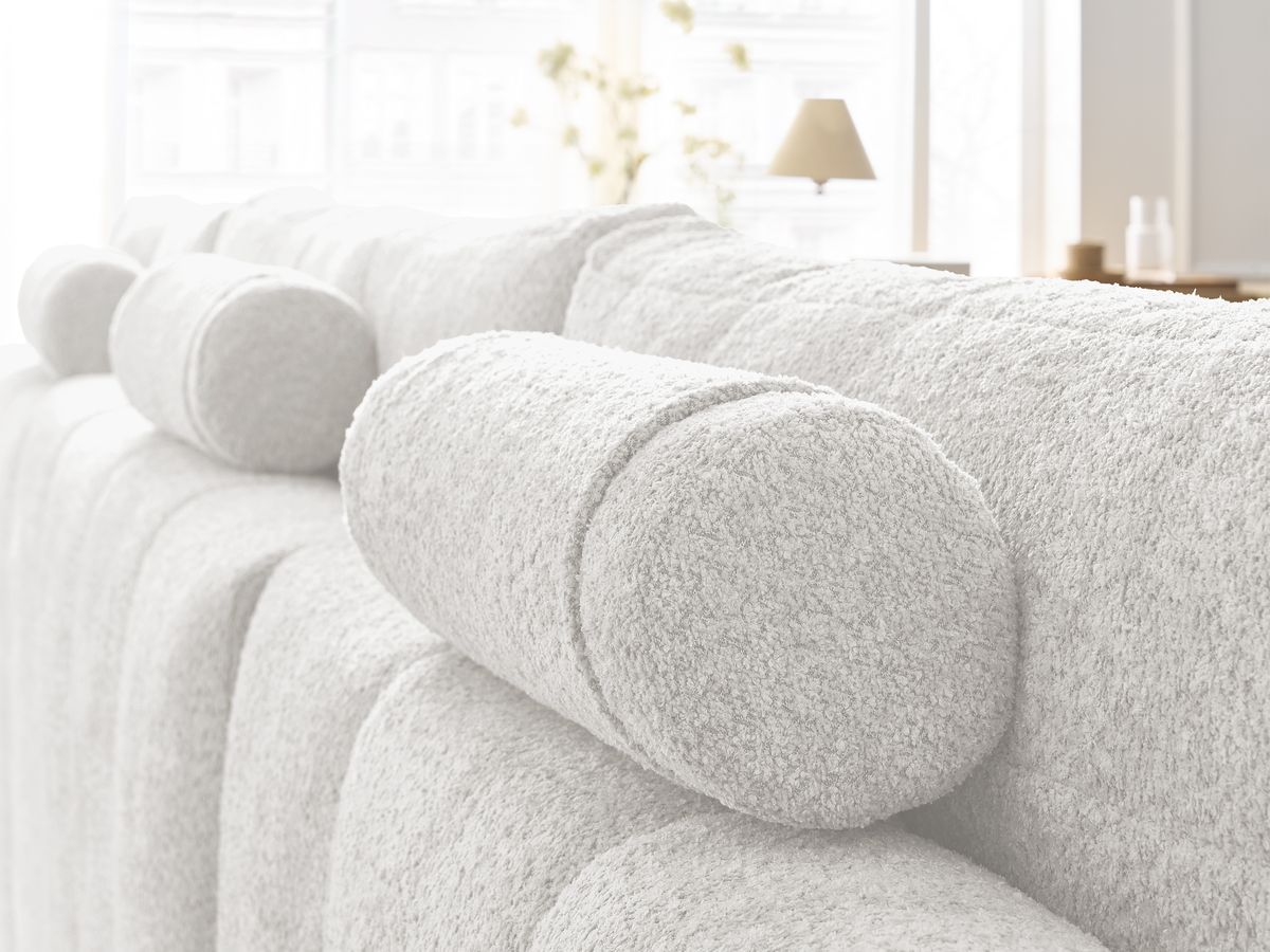 Bobochic Anakin Wohnlandschaft mit Pouf, Liegefläche 137 × 382 cm, 3 Kissen Bouclé-Stoff Weiß
