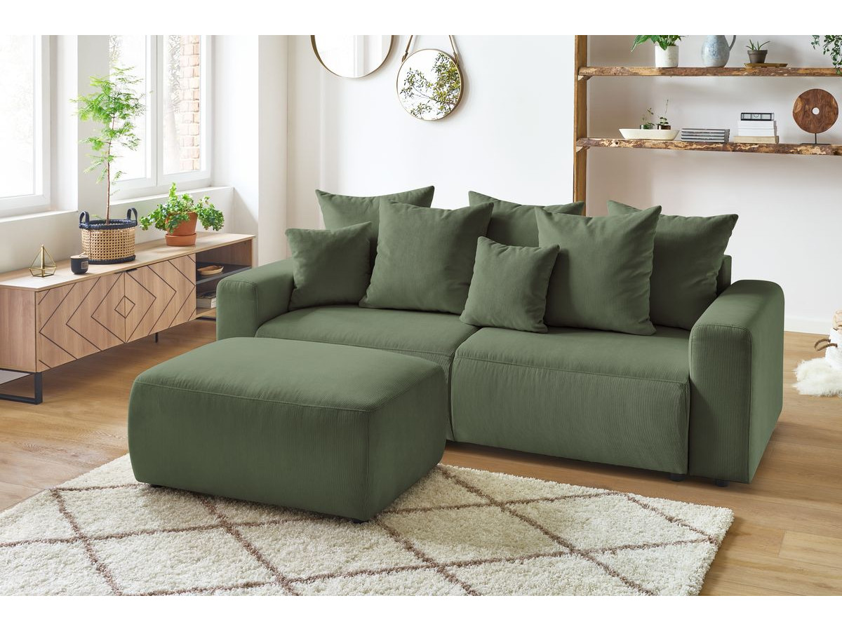 Bobochic Envy Schlafsofa 3-Sitzer mit Bettkasten und Pouf Cordsamt Grün