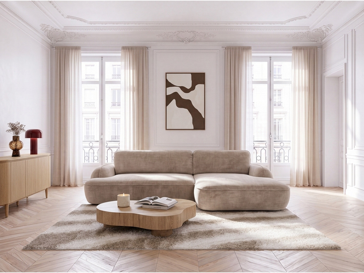 Bobochic Celeste Ecksofa mit Schlaffunktion und Bettkasten Stoff Beige Ecke rechts