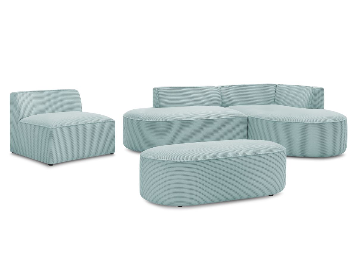 Bobochic Rousseau Ecksofa mit Sofamodul und Pouf Cordsamt Hellblau Ecke rechts