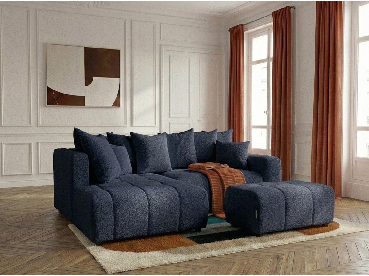 Bobochic Roxelane Ecksofa mit Schlaffunktion und Bettkasten und Pouf Bouclé-Stoff Dunkelblau Ecke links