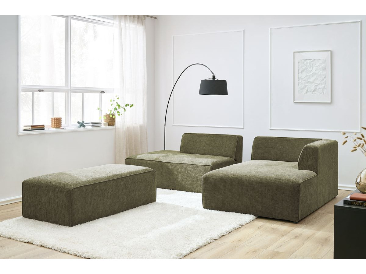 Bobochic Megeve Ecksofa mit Schlaffunktion und Pouf Strukturstoff Grün Ecke rechts