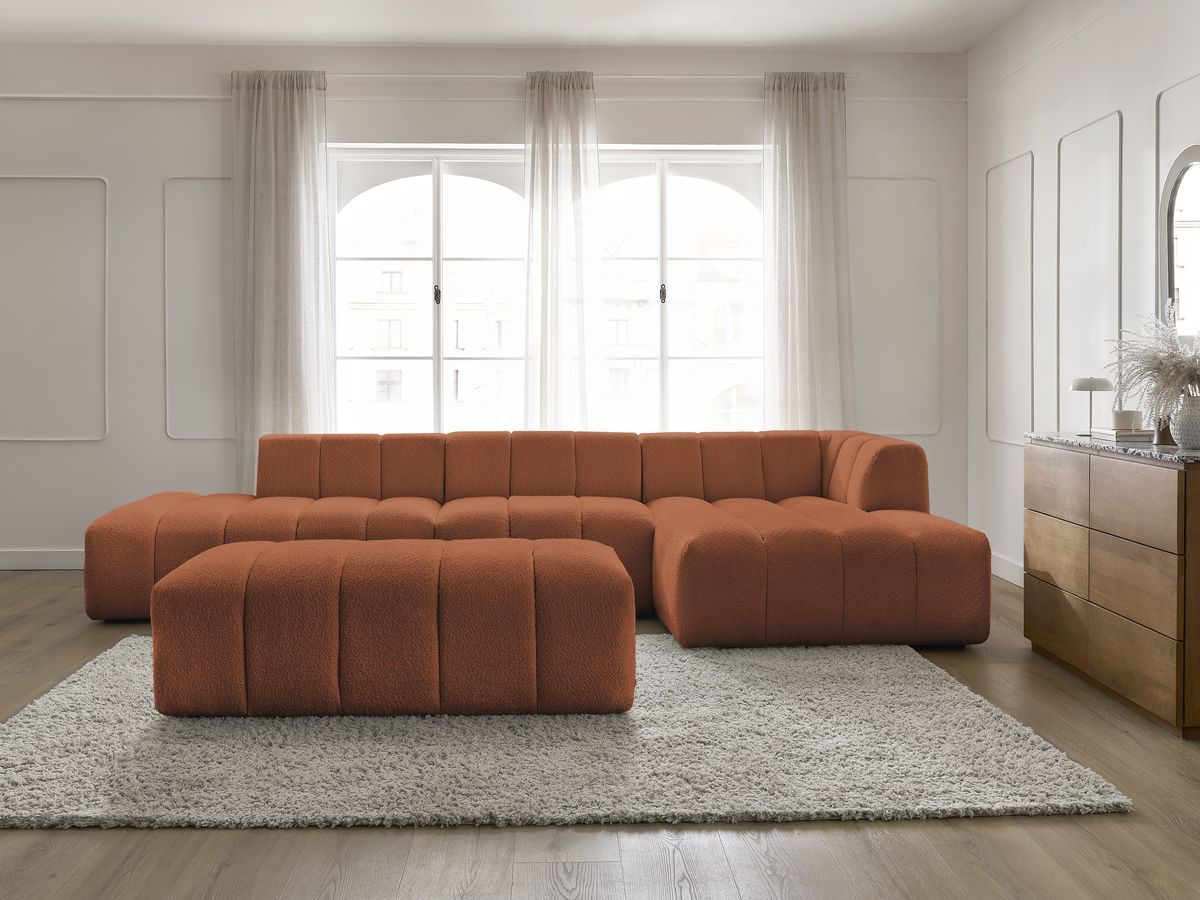 Bobochic Annecy Ecksofa mit Sofamodul und Pouf Bouclé-Stoff Orange Ecke rechts