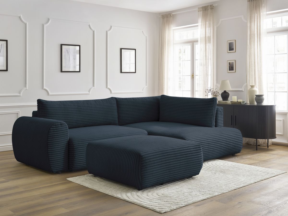 Bobochic Lucien Ecksofa mit Schlaffunktion und Bettkasten und Pouf 296 × 198 cm Breitcord weich Dunkelblau Ecke rechts