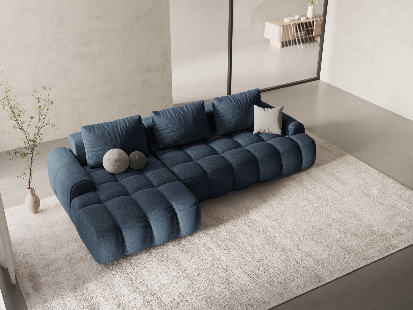 Cosmopolitan Design Ecksofa Linz 3-Sitzer mit Schlaffunktion Strukturierter Stoff Sorella Dunkelblau Links