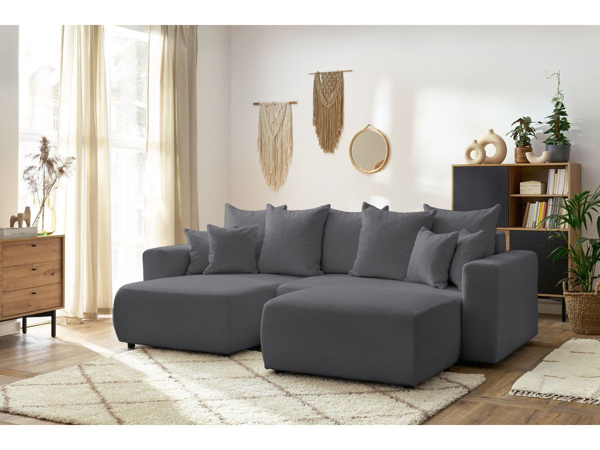 Bobochic Envy Ecksofa mit Schlaffunktion und Bettkasten und rechteckigem Pouf Bouclé-Stoff Dunkelgrau