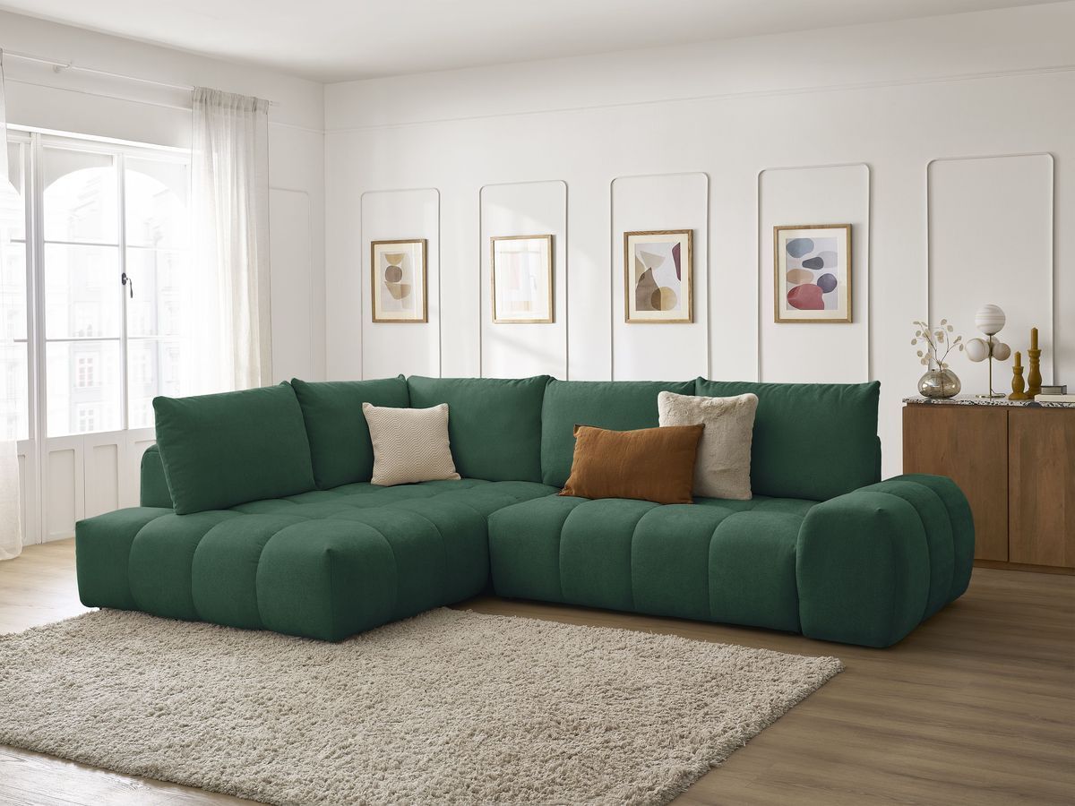 Bobochic Everest Ecksofa mit Schlaffunktion und Bettkasten 320 × 212 cm, 5 Kissen Strukturstoff Grün Ecke links