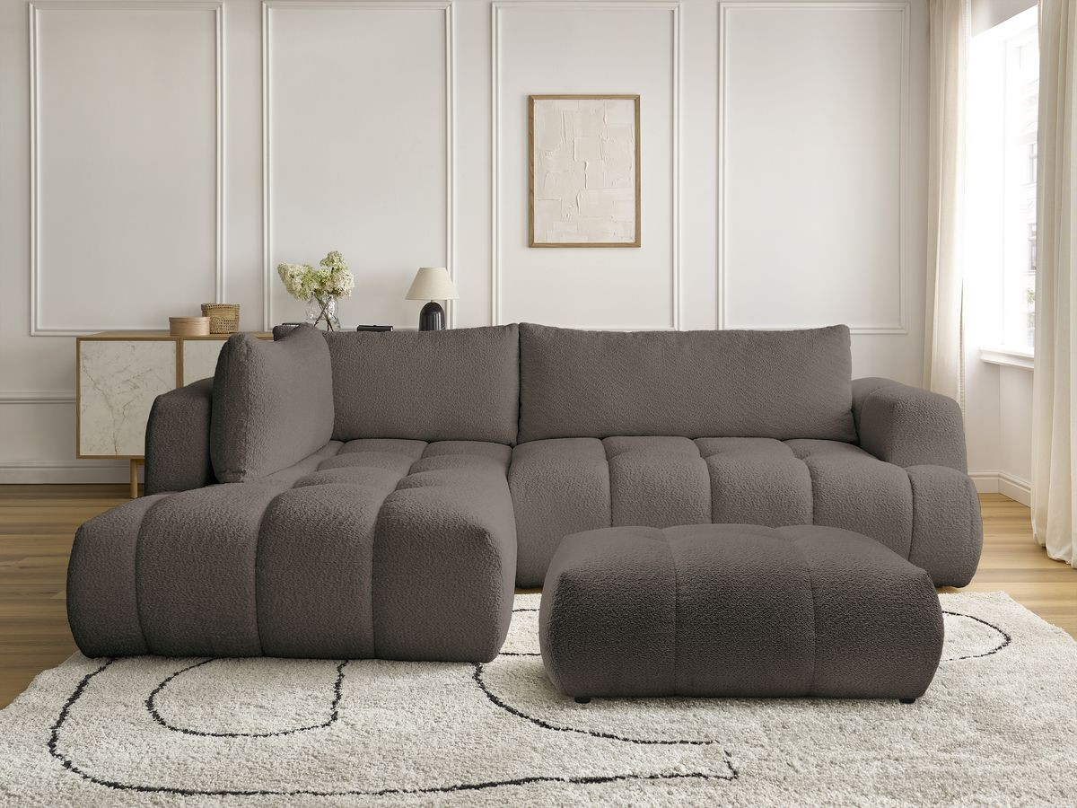 Bobochic Fuji Ecksofa mit Schlaffunktion und Bettkasten und Pouf 282 × 204 cm Bouclé-Stoff Braun Ecke links