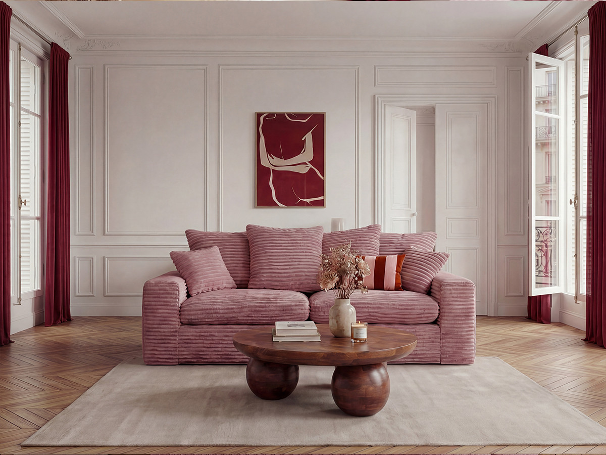 Bobochic Nevada Sofa 2,5-Sitzer Breitcord weich Rosa