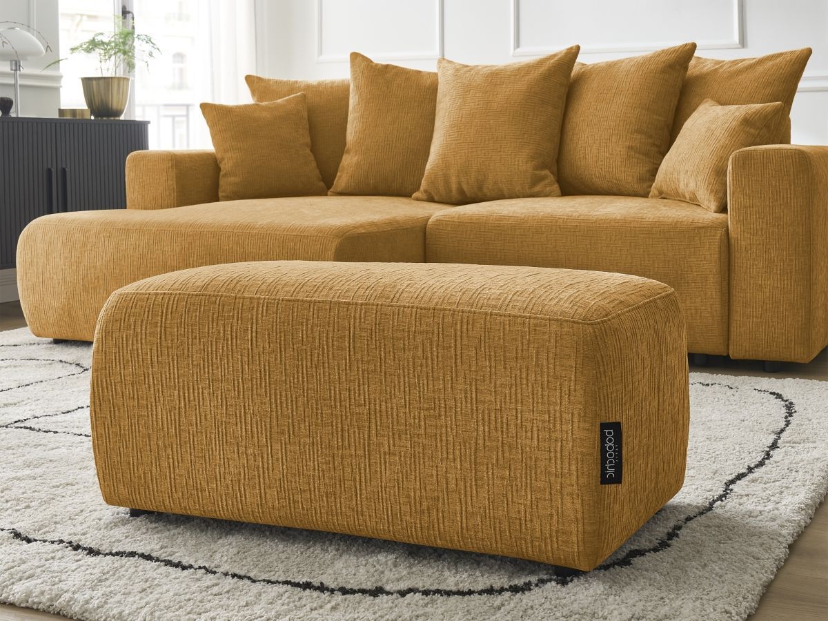 Bobochic Atilla Ecksofa mit Schlaffunktion und Bettkasten und Pouf Strukturstoff Gelb Ecke links