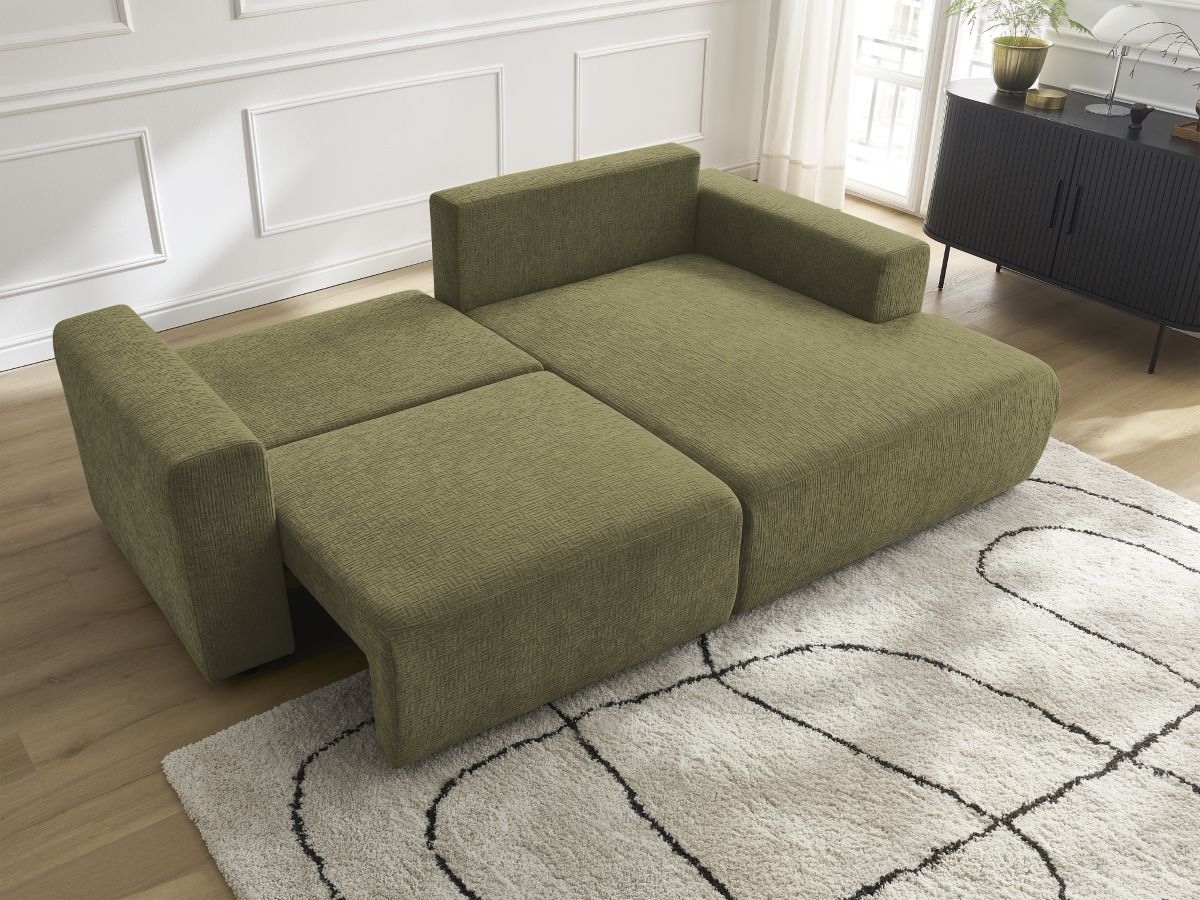 Bobochic Atilla Ecksofa mit Schlaffunktion und Bettkasten Strukturstoff Grün Ecke rechts