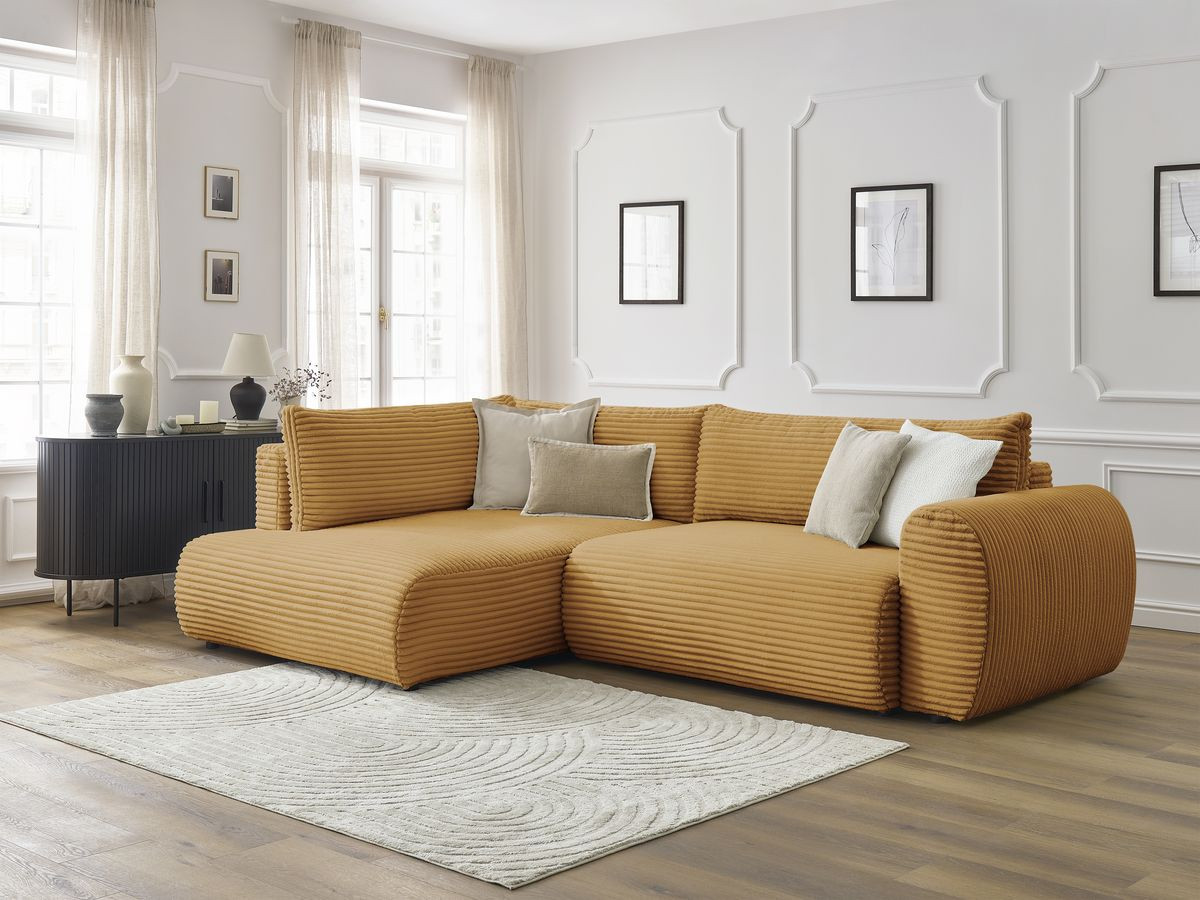 Bobochic Lucien Ecksofa mit Schlaffunktion und Bettkasten 296 × 198 cm Breitcord weich Gelb Ecke links