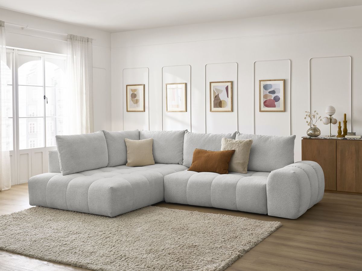 Bobochic Everest Ecksofa mit Schlaffunktion und Bettkasten 320 × 212 cm, 5 Kissen Melange-Stoff Hellgrau Ecke links