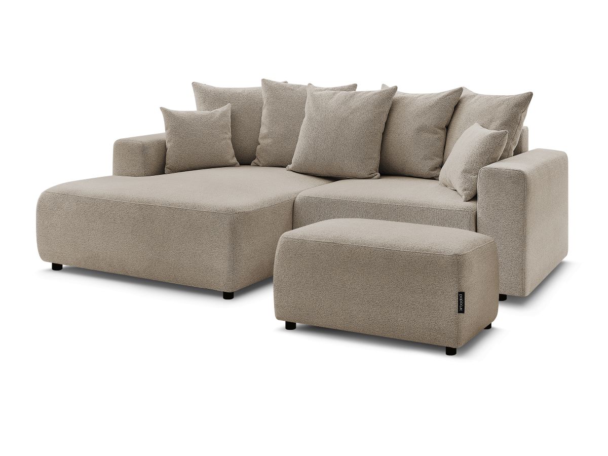 Bobochic Atilla Ecksofa mit Schlaffunktion und Bettkasten und Pouf Melange-Stoff Taupe Ecke links