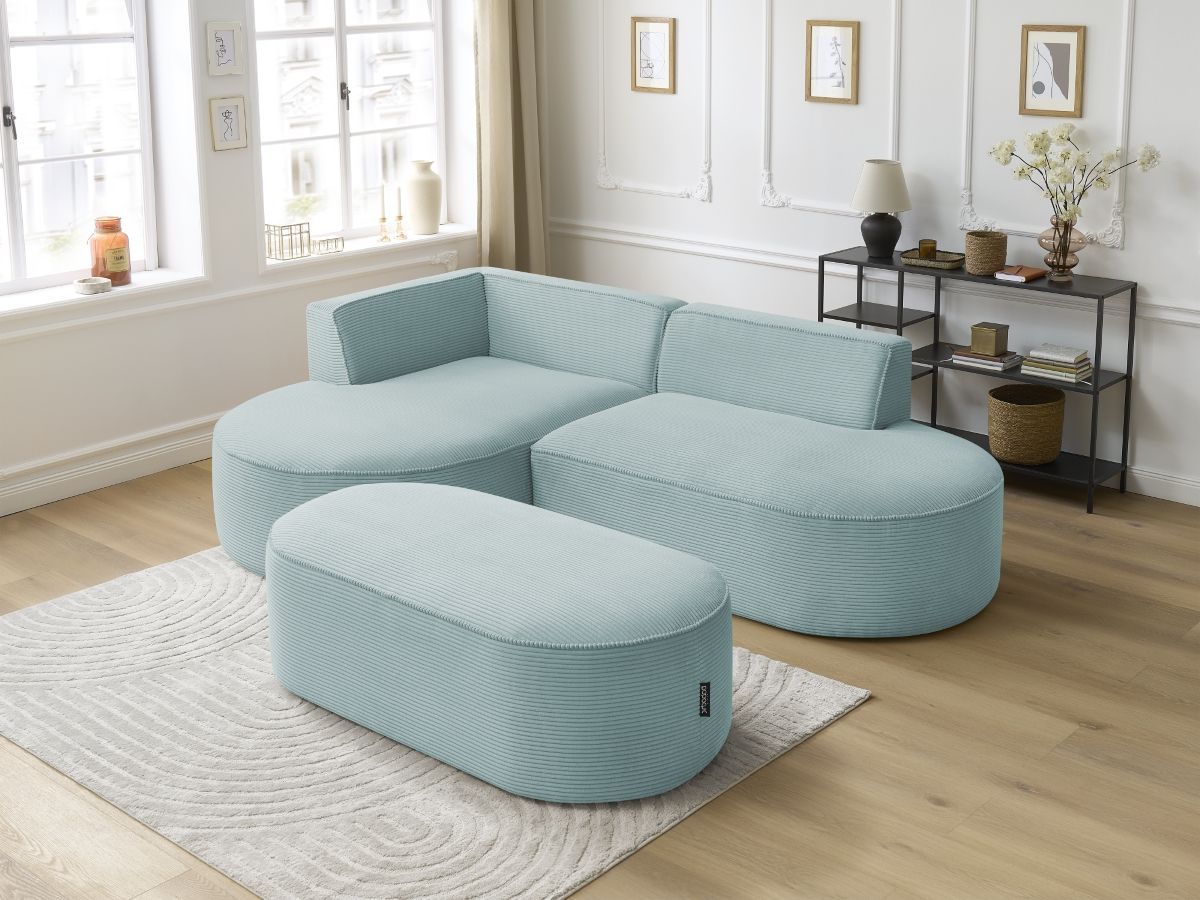 Bobochic Rousseau Ecksofa mit Pouf Cordsamt Hellblau Ecke links