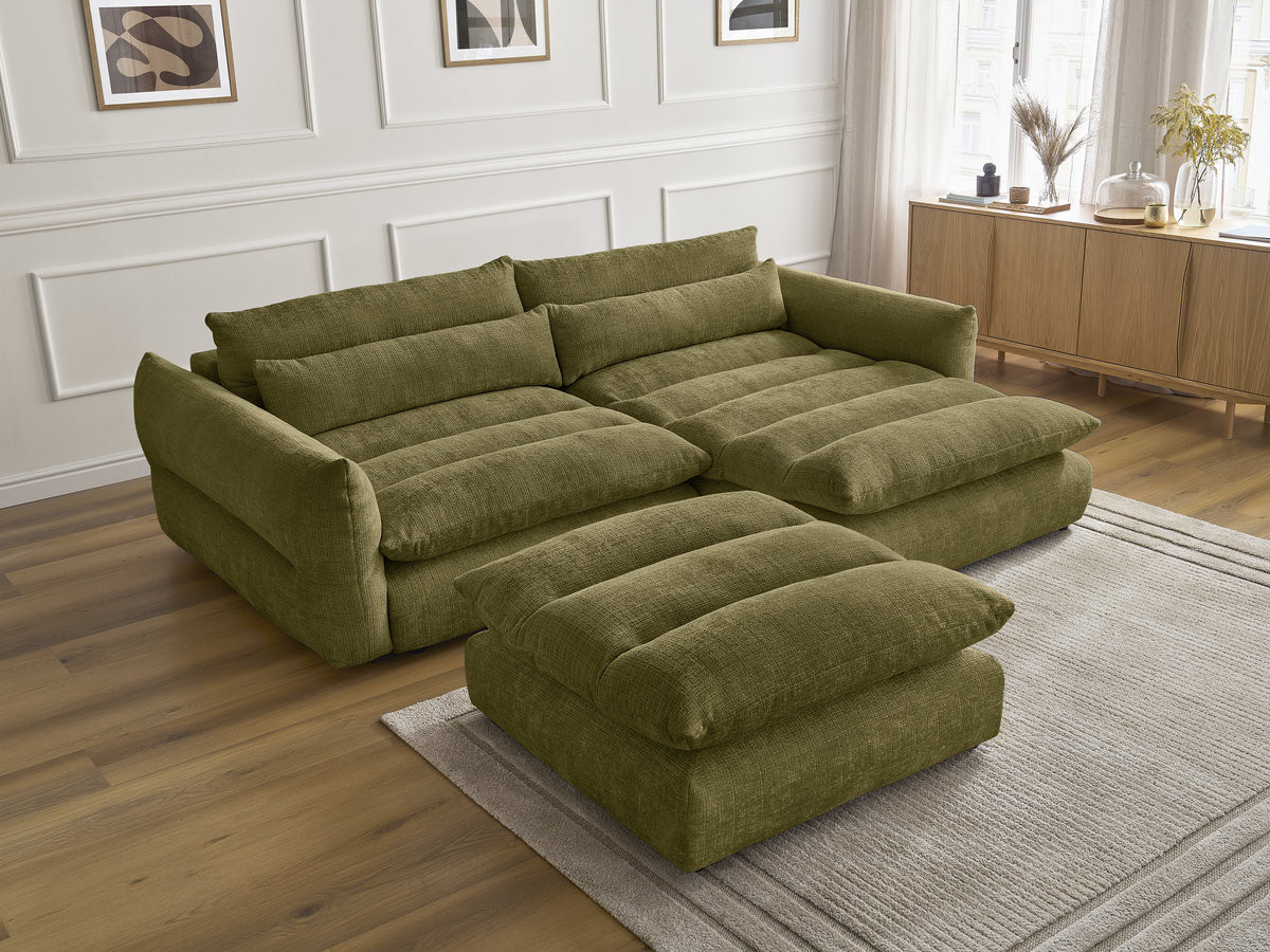 Bobochic Neil Ecksofa mit Pouf Strukturstoff Grün Ecke rechts