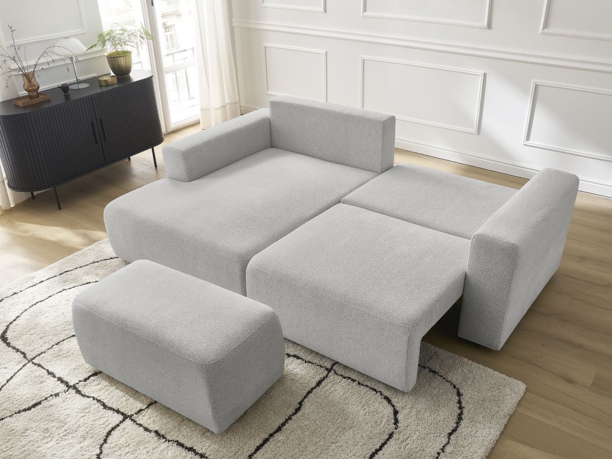 Bobochic Atilla Ecksofa mit Schlaffunktion und Bettkasten und Pouf Melange-Stoff Hellgrau Ecke links