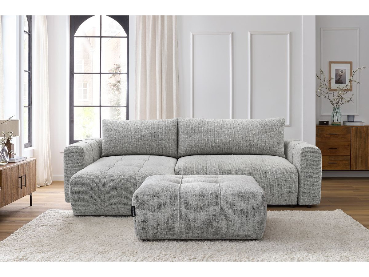 Bobochic Arsene Ecksofa mit Schlaffunktion und Bettkasten und Pouf 288 × 148 cm Melange-Stoff Hellgrau