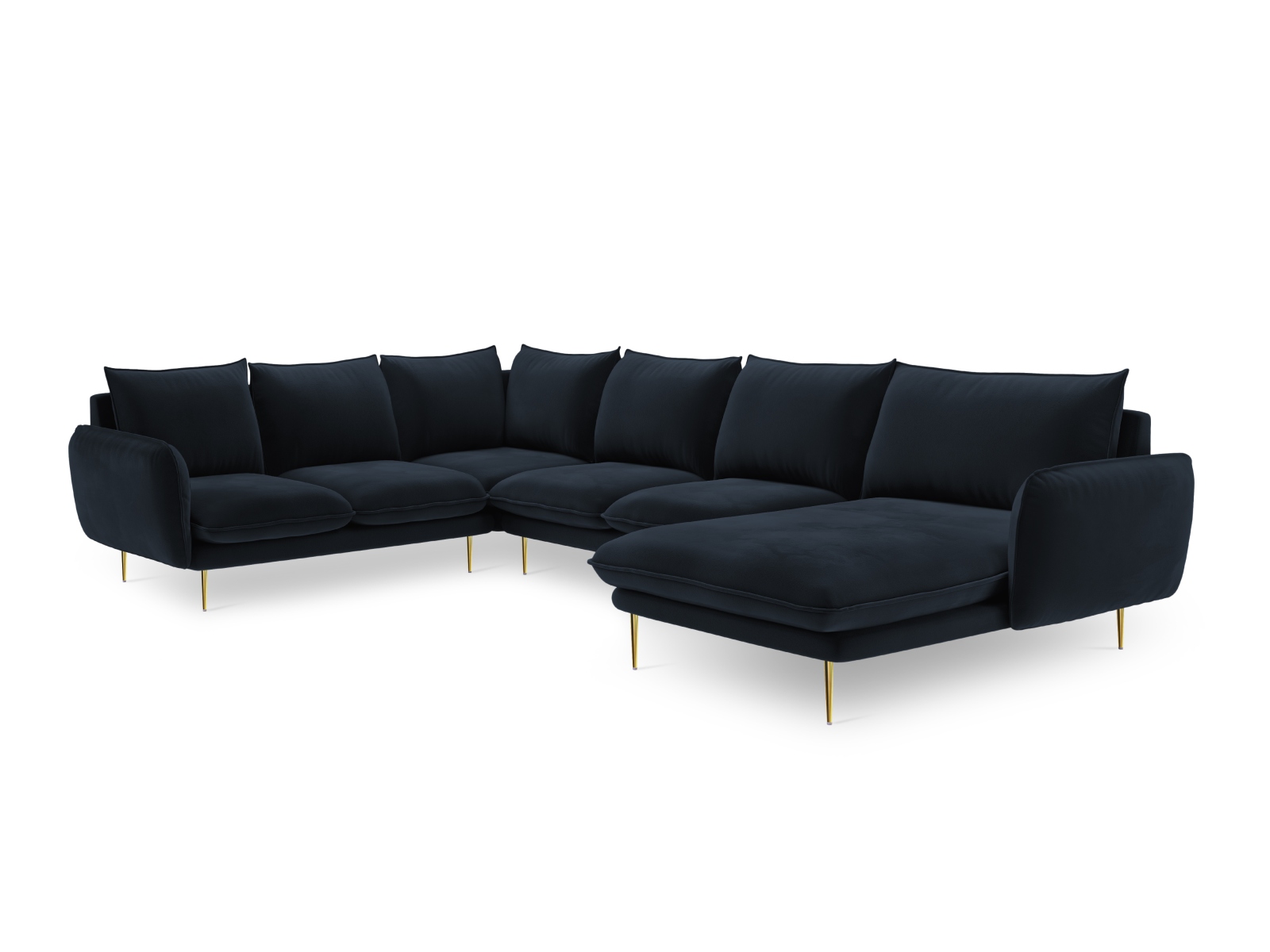 Cosmopolitan Design Panoramasofa Vienna 7-Sitzer Samt Bluvel Dunkelblau Links Beine Gold