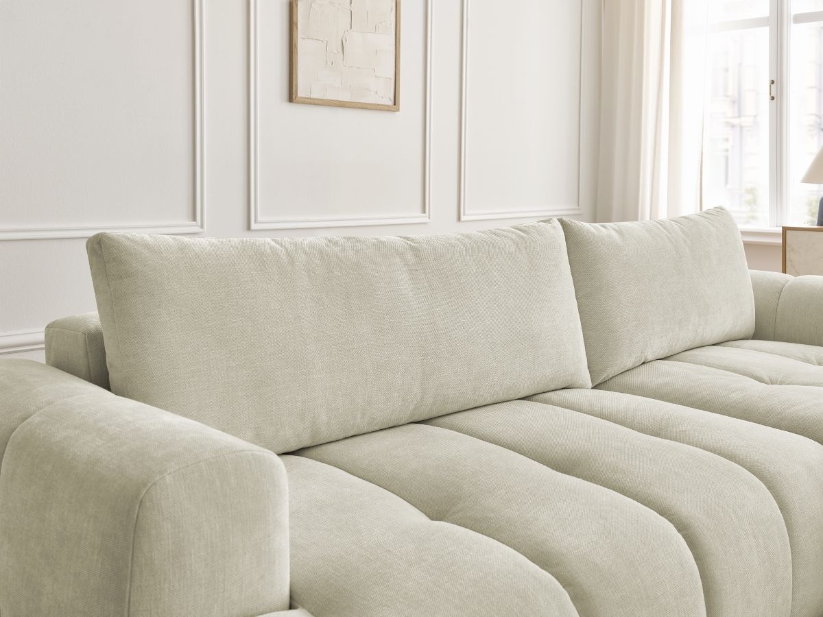Bobochic Fuji Ecksofa mit Schlaffunktion und Bettkasten und Pouf 292 × 160 cm Stoff Beige Ecke rechts