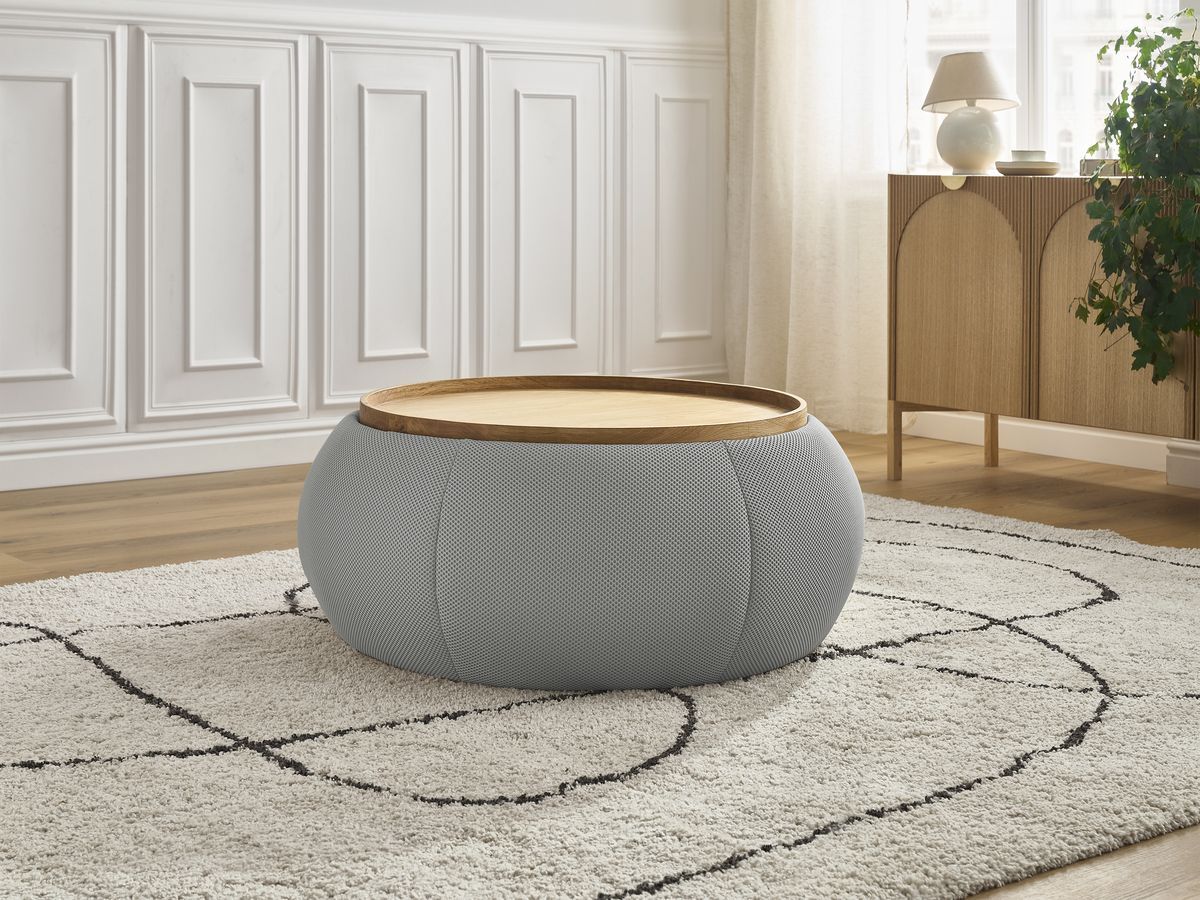 Bobochic Hayden Pouf mit Tablett, rund Mesh-Stoff Hellgrau, 87 cm
