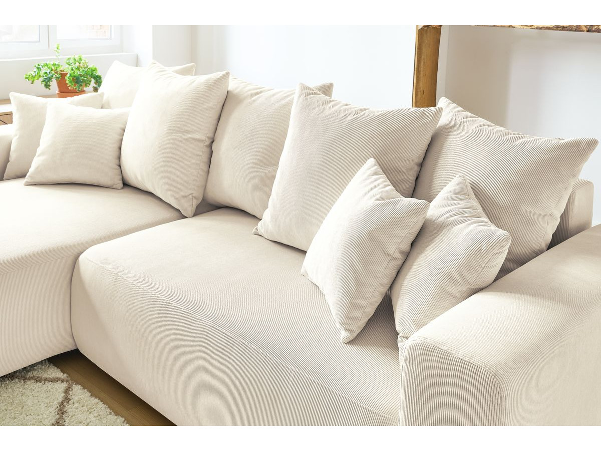 Bobochic Envy Ecksofa mit Schlaffunktion und Bettkasten und Pouf Cordsamt Beige