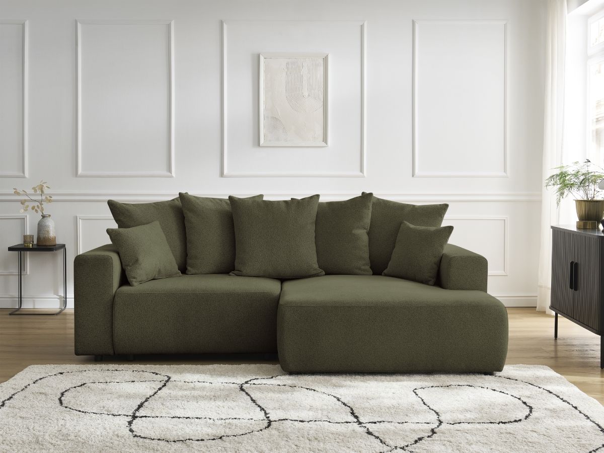Bobochic Atilla Ecksofa mit Schlaffunktion und Bettkasten Melange-Stoff Grün Ecke rechts