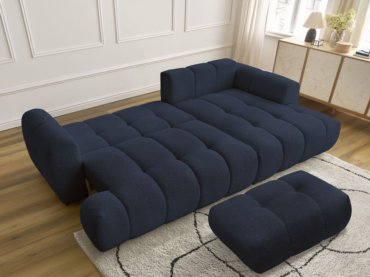 Bobochic Fuji Ecksofa mit Schlaffunktion und Bettkasten und Pouf 292 × 160 cm Bouclé-Stoff Dunkelblau Ecke rechts