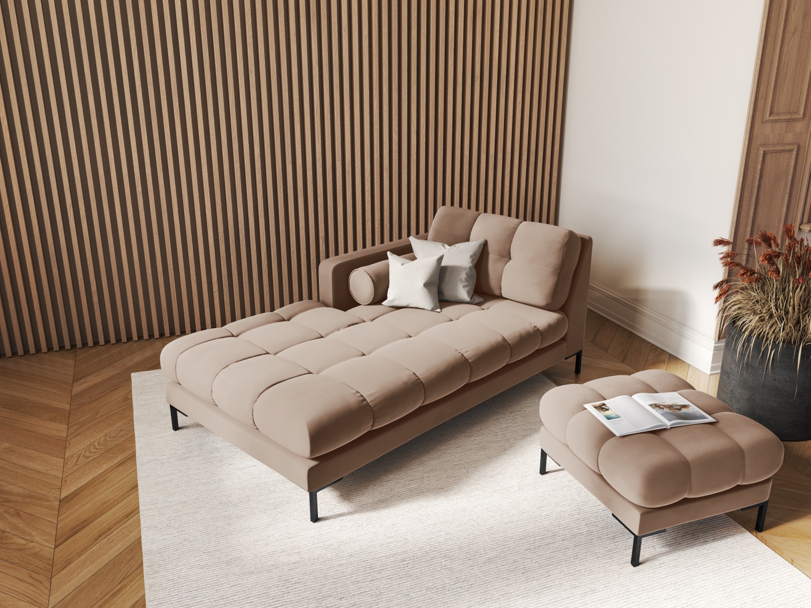 Cosmopolitan Design Chaiselongue Bali Samt Bluvel Beige Links Beine Schwarzes Metall