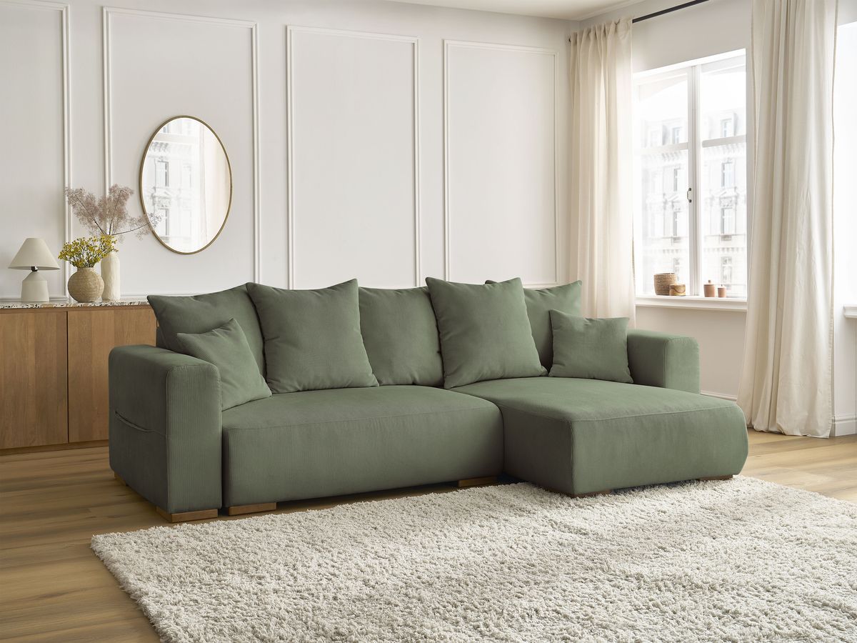 Bobochic Sidonie Ecksofa mit Schlaffunktion und Bettkasten Cordsamt Grün
