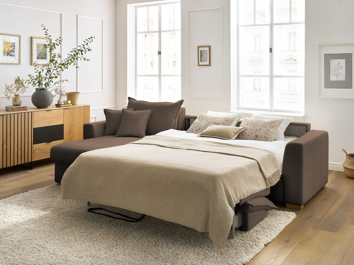 Bobochic Augustin Ecksofa mit Schlaffunktion und Bettkasten Bouclé-Stoff Braun, Liegefläche 140 × 200 cm