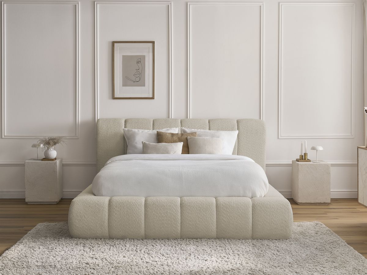 Bobochic Denali Polsterbett mit Bettkasten Bouclé-Stoff Beige, Liegefläche 140 × 190 cm