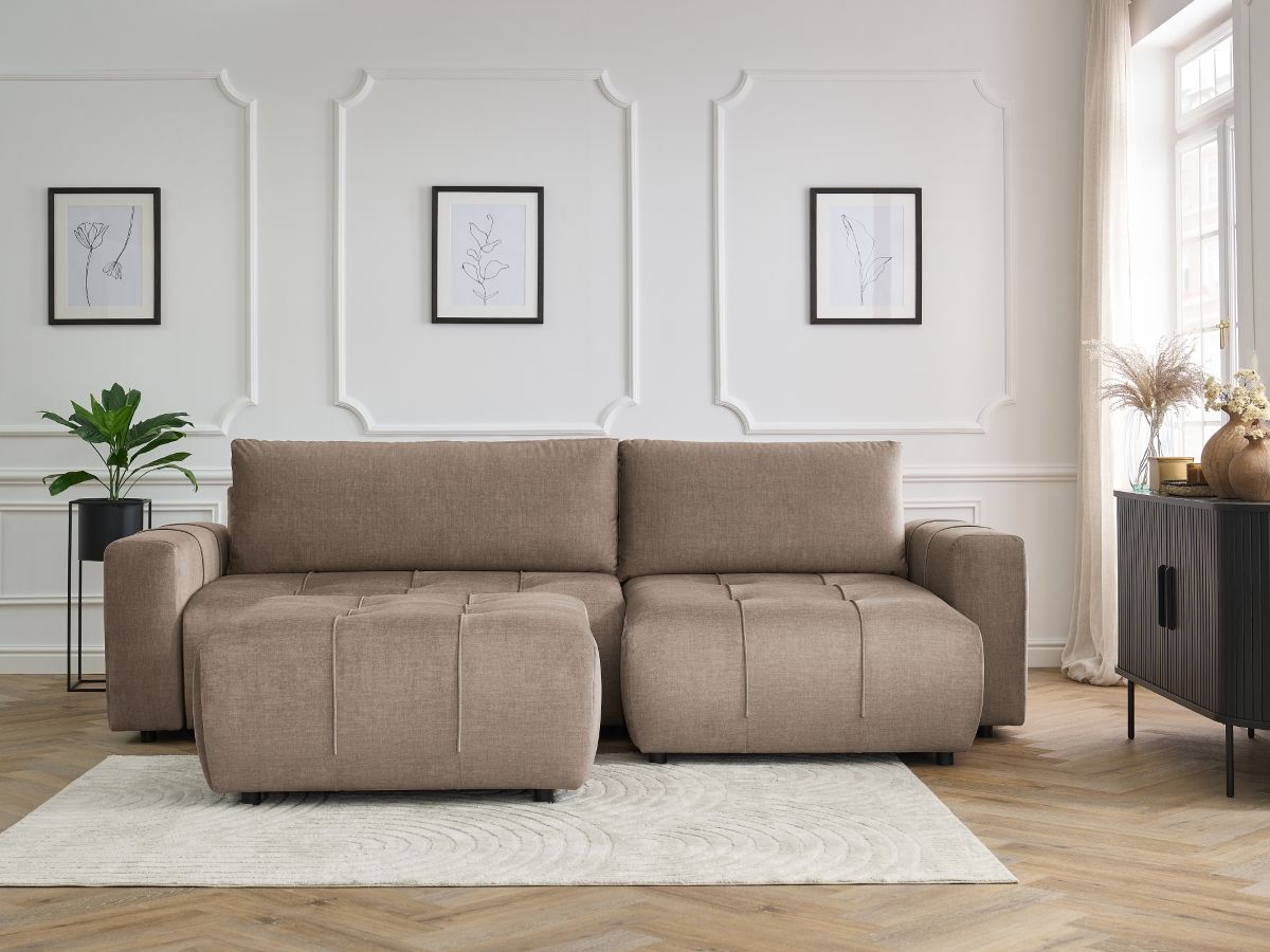 Bobochic Arsene Ecksofa mit Schlaffunktion und Bettkasten und Pouf 288 × 148 cm Samt Taupe