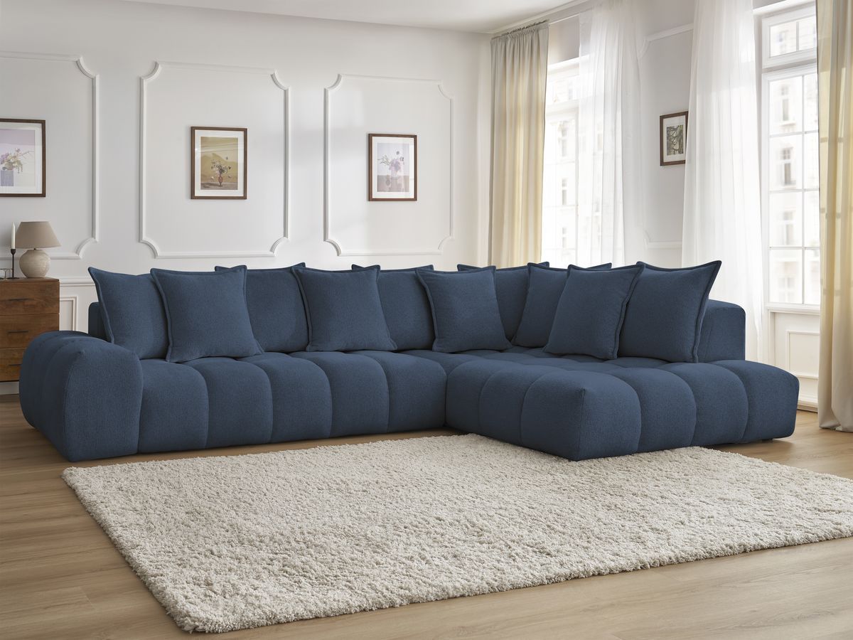 Bobochic Everest Ecksofa, 10 Kissen Melange-Stoff Dunkelblau Ecke rechts