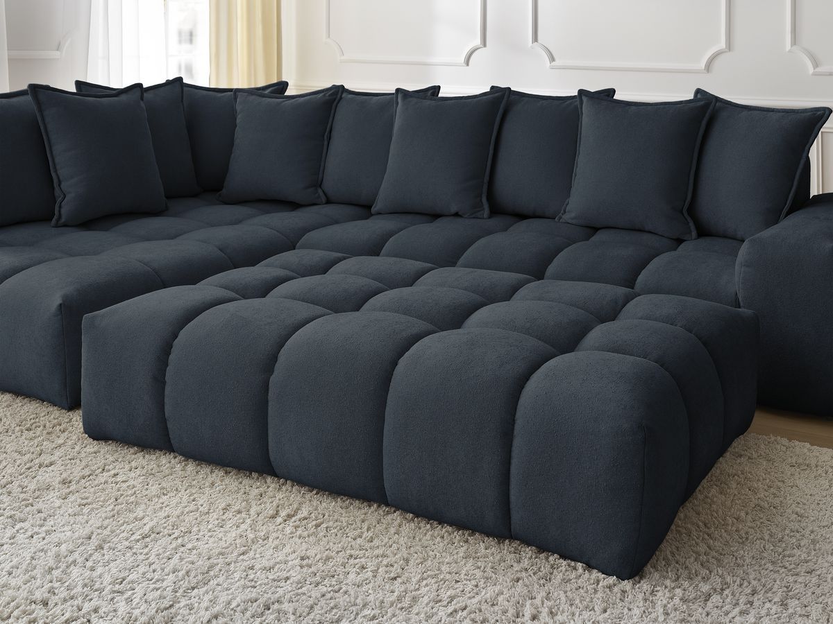 Bobochic Everest Ecksofa mit Schlaffunktion und Pouf, 10 Kissen Strukturstoff Dunkelblau Ecke links