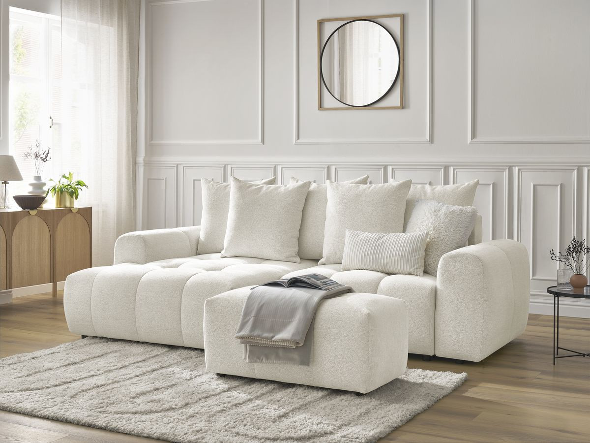 Bobochic Roxelane Ecksofa mit Schlaffunktion und Bettkasten und Pouf 258 × 150 cm Melange-Stoff Weiß Ecke links