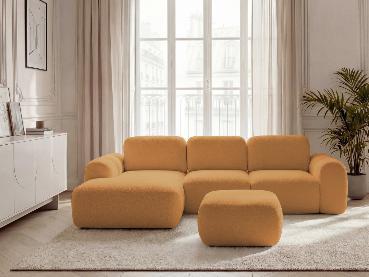 Bobochic Montaigne Ecksofa mit Schlaffunktion und Bettkasten und Pouf 276 × 164 cm Bouclé-Stoff Gelb Ecke links