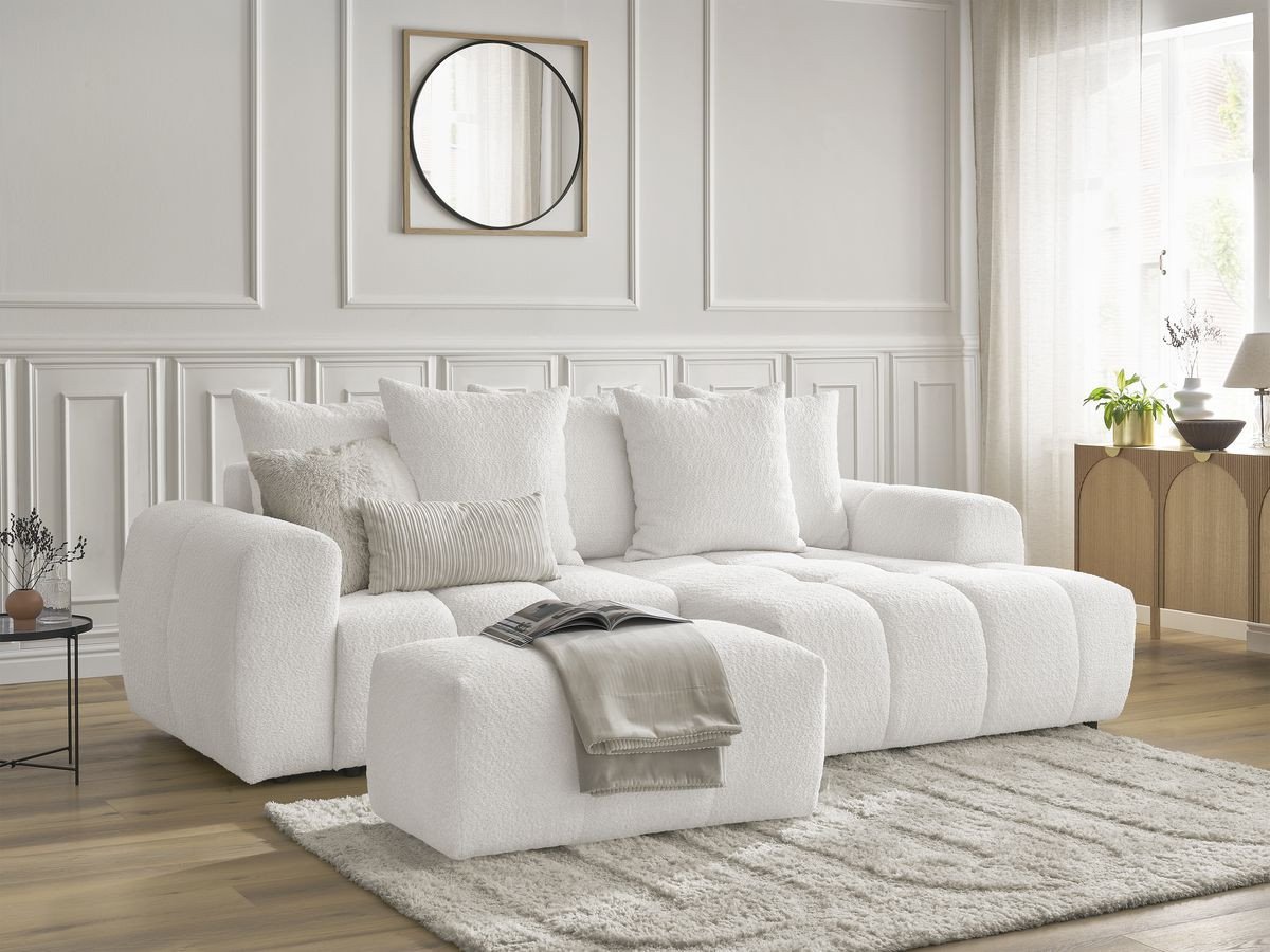 Bobochic Roxelane Ecksofa mit Schlaffunktion und Bettkasten und Pouf 258 × 150 cm Bouclé-Stoff Weiß Ecke rechts