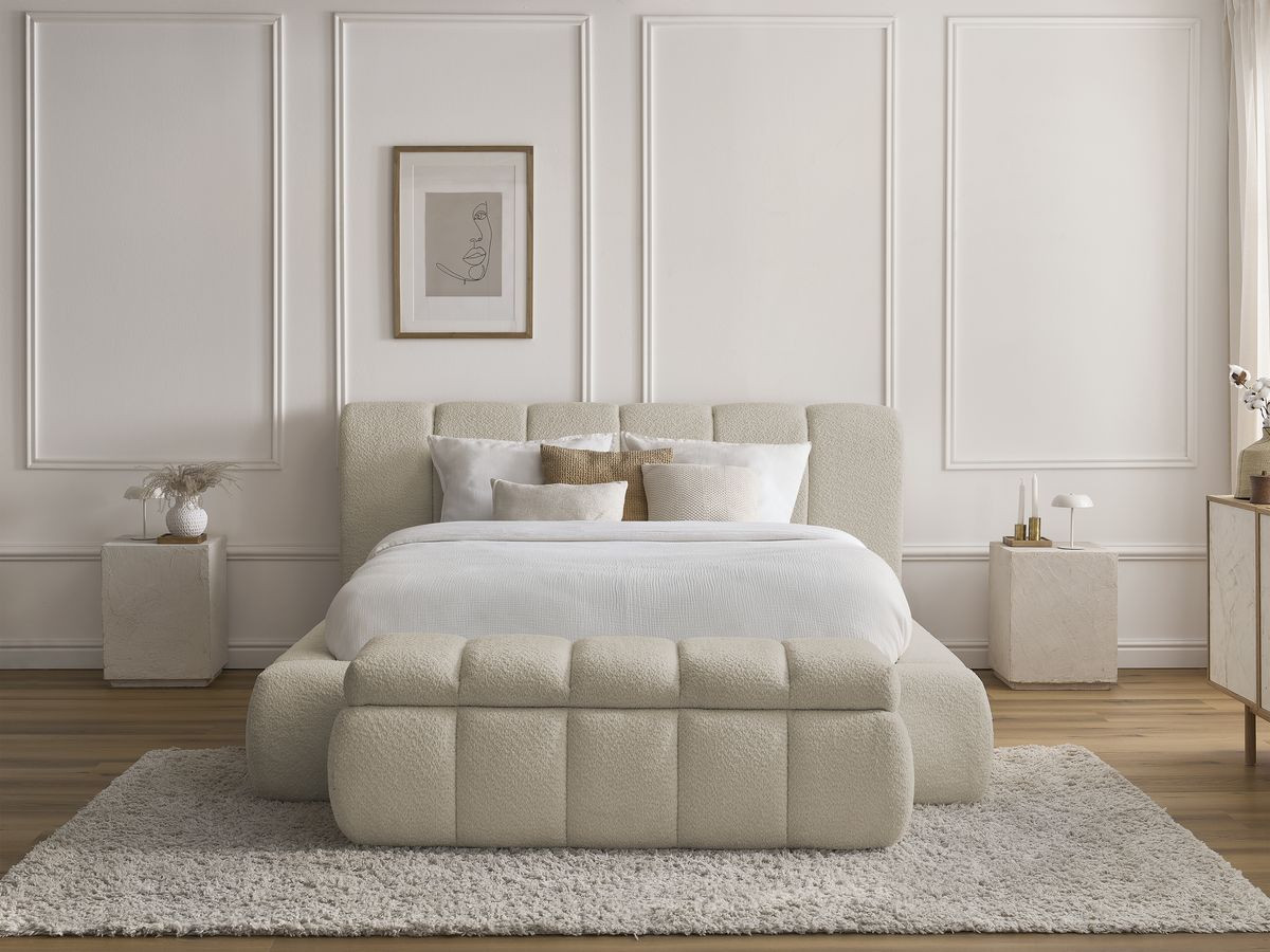 Bobochic Denali Polsterbett mit Bettkasten mit Bettbank Bouclé-Stoff Beige, Liegefläche 140 × 190 cm