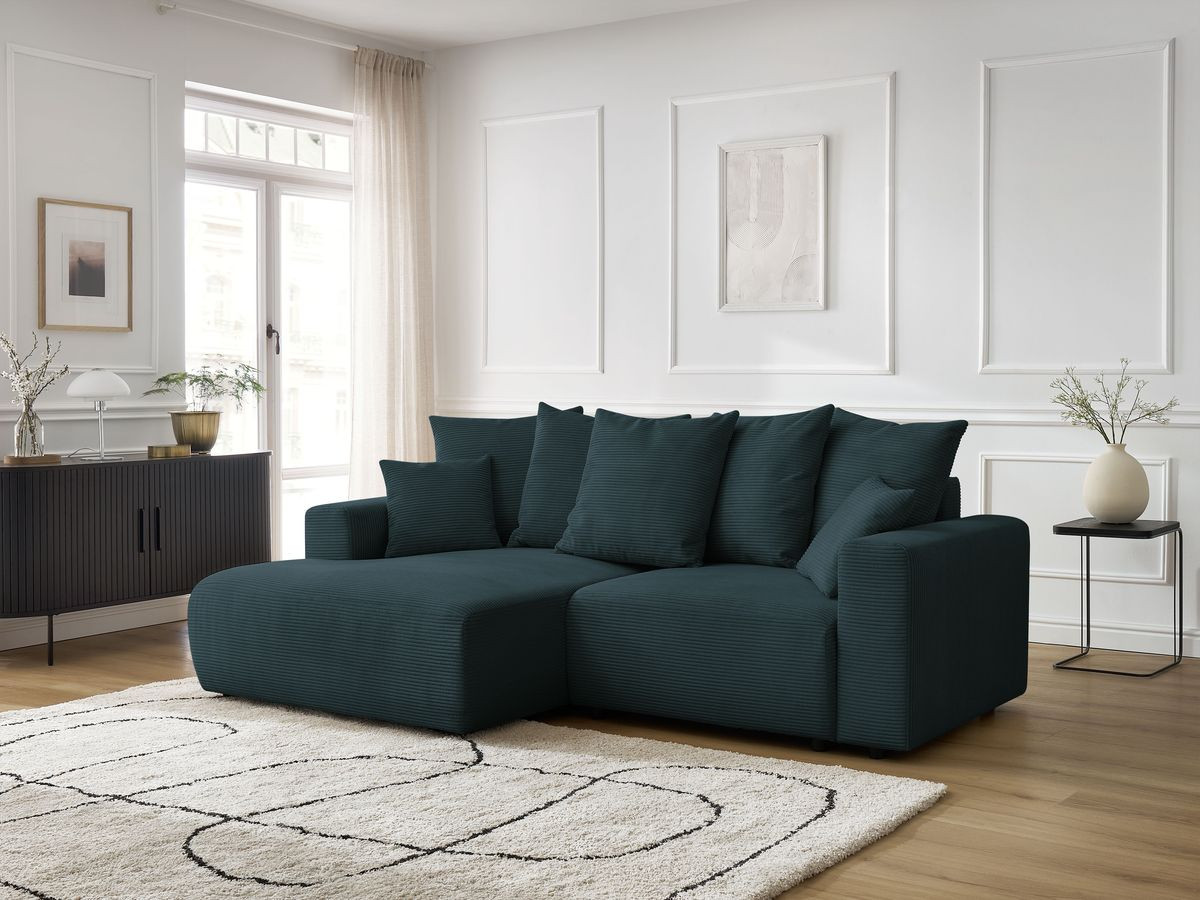 Bobochic Atilla Ecksofa mit Schlaffunktion und Bettkasten Cordsamt Dunkelblau Ecke links