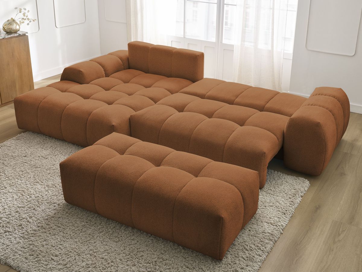 Bobochic Everest Ecksofa mit Schlaffunktion und Bettkasten und Pouf 318 × 180 cm, 3 Kissen Melange-Stoff Orange Ecke links