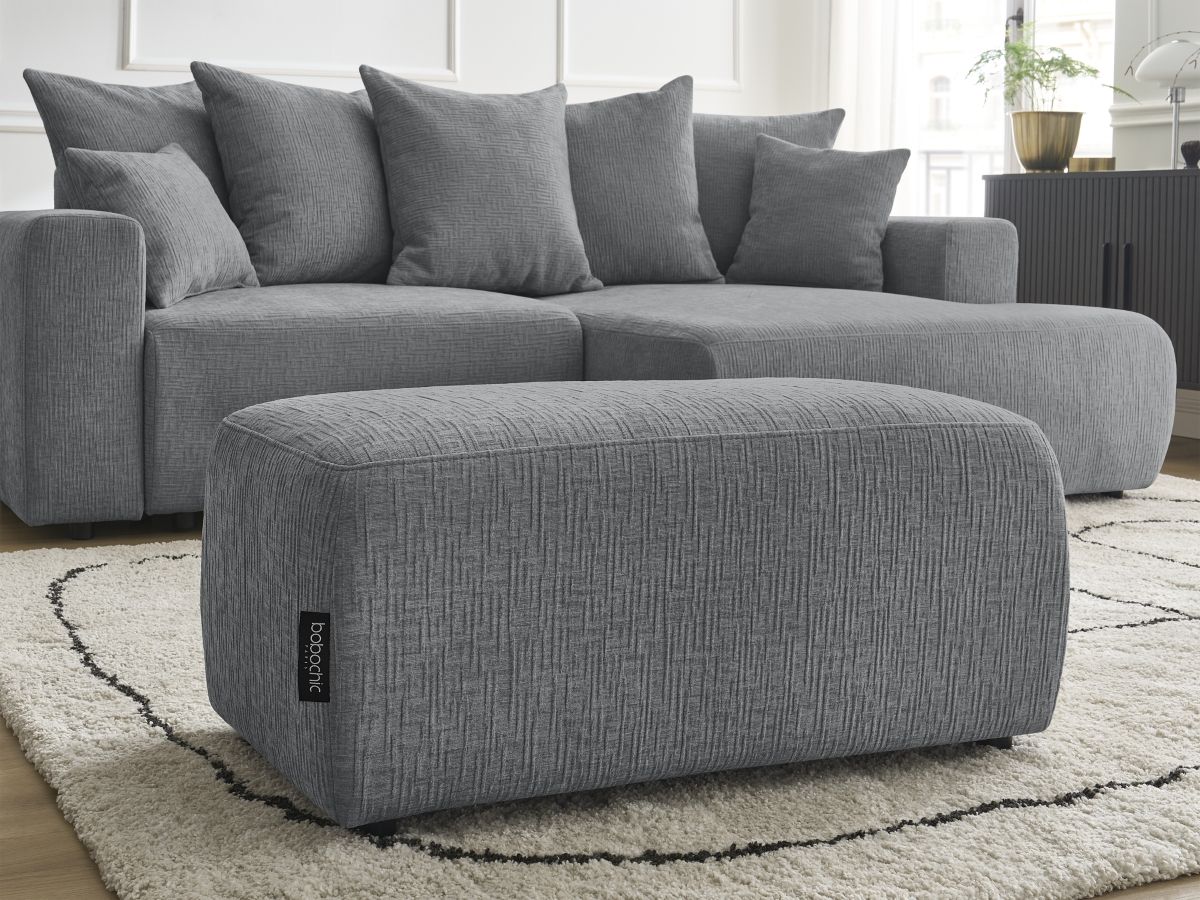 Bobochic Atilla Ecksofa mit Schlaffunktion und Bettkasten und Pouf Strukturstoff Dunkelgrau Ecke rechts