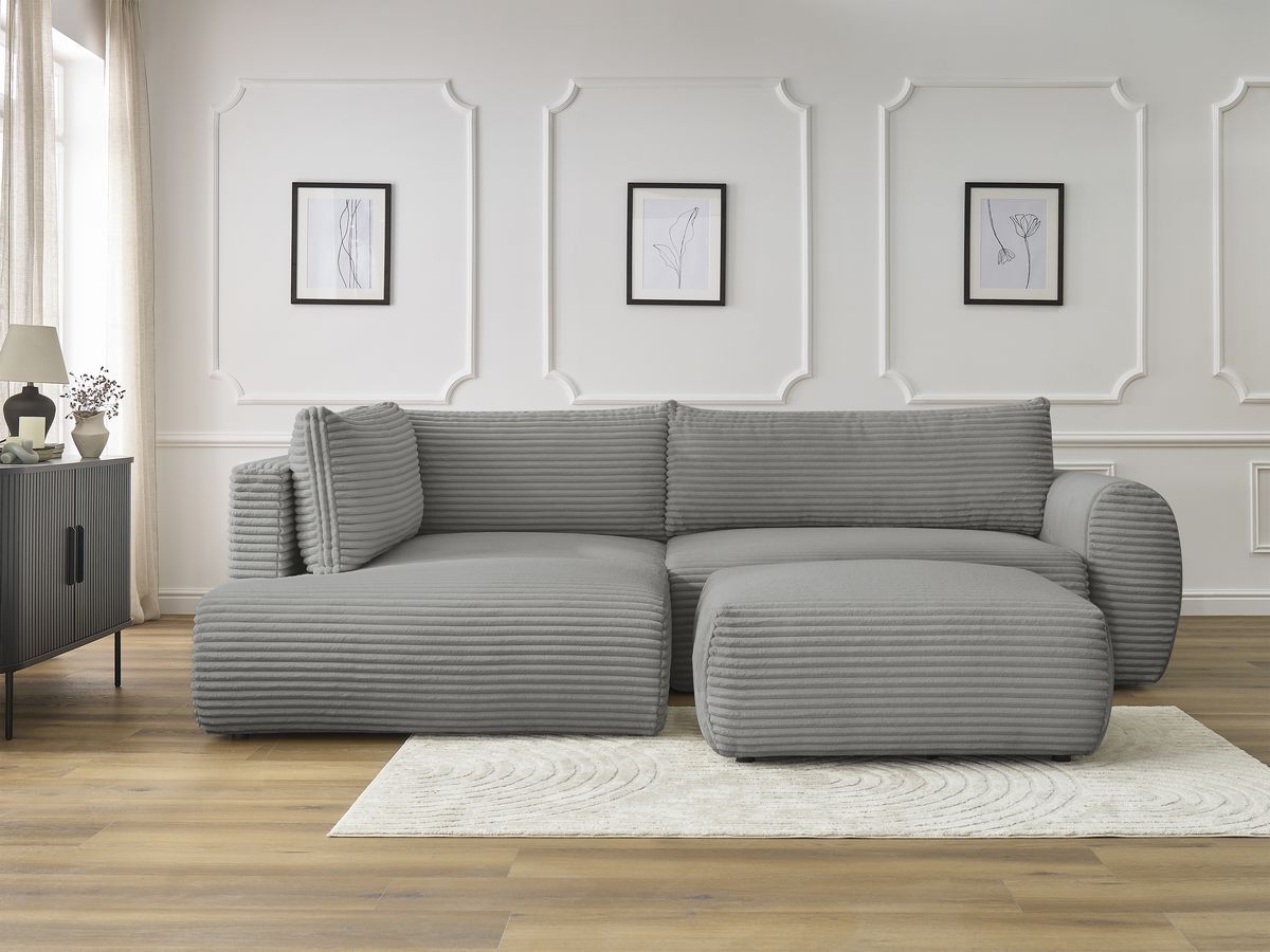 Bobochic Lucien Ecksofa mit Schlaffunktion und Bettkasten und Pouf 296 × 198 cm Breitcord weich Dunkelgrau Ecke links